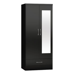 Mack Mirrored Gloss Wardrobe With 2 Doors 1 Drawer In Black