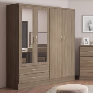 Mack Mirrored Wardrobe With 4 Door 2 Drawer In Rustic Oak Effect