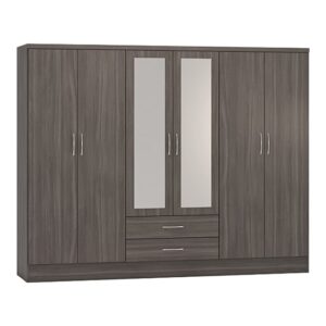 Mack Mirrored Wardrobe With 6 Doors In Black Wood Grain