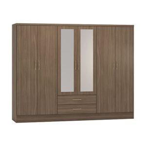 Mack Mirrored Wardrobe With 6 Doors In Rustic Oak Effect