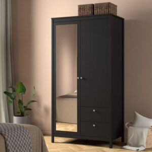 Macron Mirrored Wooden Wardrobe 2 Doors 2 Drawers In Black