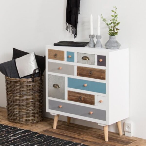 Taos Wooden Chest Of 11 Drawers With Oak Legs In Multicolour