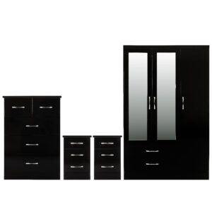 Mack Wooden Furniture Set With 3 Doors Wardrobe In Black Gloss