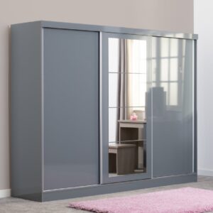 Mack Wooden Sliding Wardrobe With 3 Doors In Grey Gloss Front