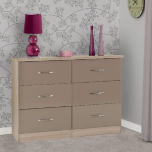 Mark Wooden Chest Of 6 Drawers With Oyster Gloss Front In Oak