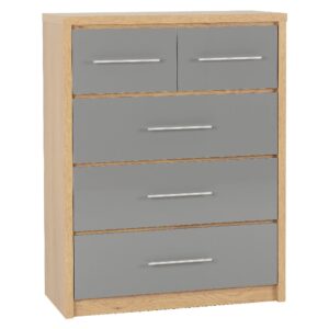 Samaira Wooden Chest Of 5 Drawers With Grey Gloss Front In Oak