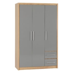 Samaira Wooden Wardrobe With 3 Door And Grey Gloss Front In Oak