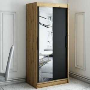 Laconia Mirrored Wardrobe With 2 Sliding Doors In Black And Oak