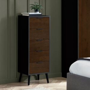 Akron Wooden Chest Of 5 Drawers Narrow In Walnut And Black