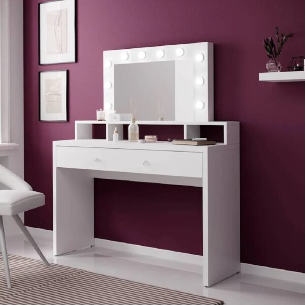 Aiken Wooden Dressing Table And Mirror In White Gloss With LED