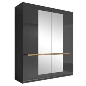 Houston Mirrored High Gloss Wardrobe With 4 Doors In Grey