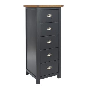 Delavan Wooden Narrow Chest Of 5 Drawers In Oak And Black