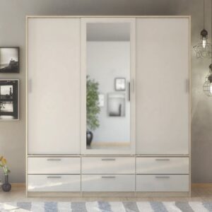 Liston Mirrored Sliding Doors Wardrobe In Oak And White Gloss