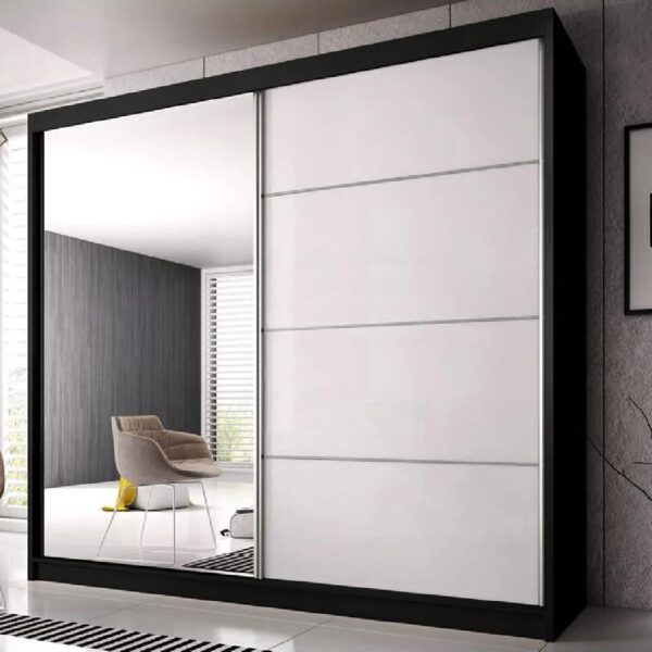 Mesa 233cm Mirrored Wardrobe And 2 Sliding Doors In Black White Gloss