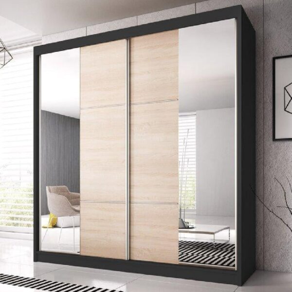 Mesa 233cm Mirrored Wardrobe With 2 Sliding Doors In Matt Black