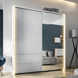 Tacoma Mirrored Wardrobe Large 2 Sliding Doors In White With LED