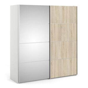 Vrok Mirrored Sliding Doors Wardrobe With 5 Shelves In White Oak